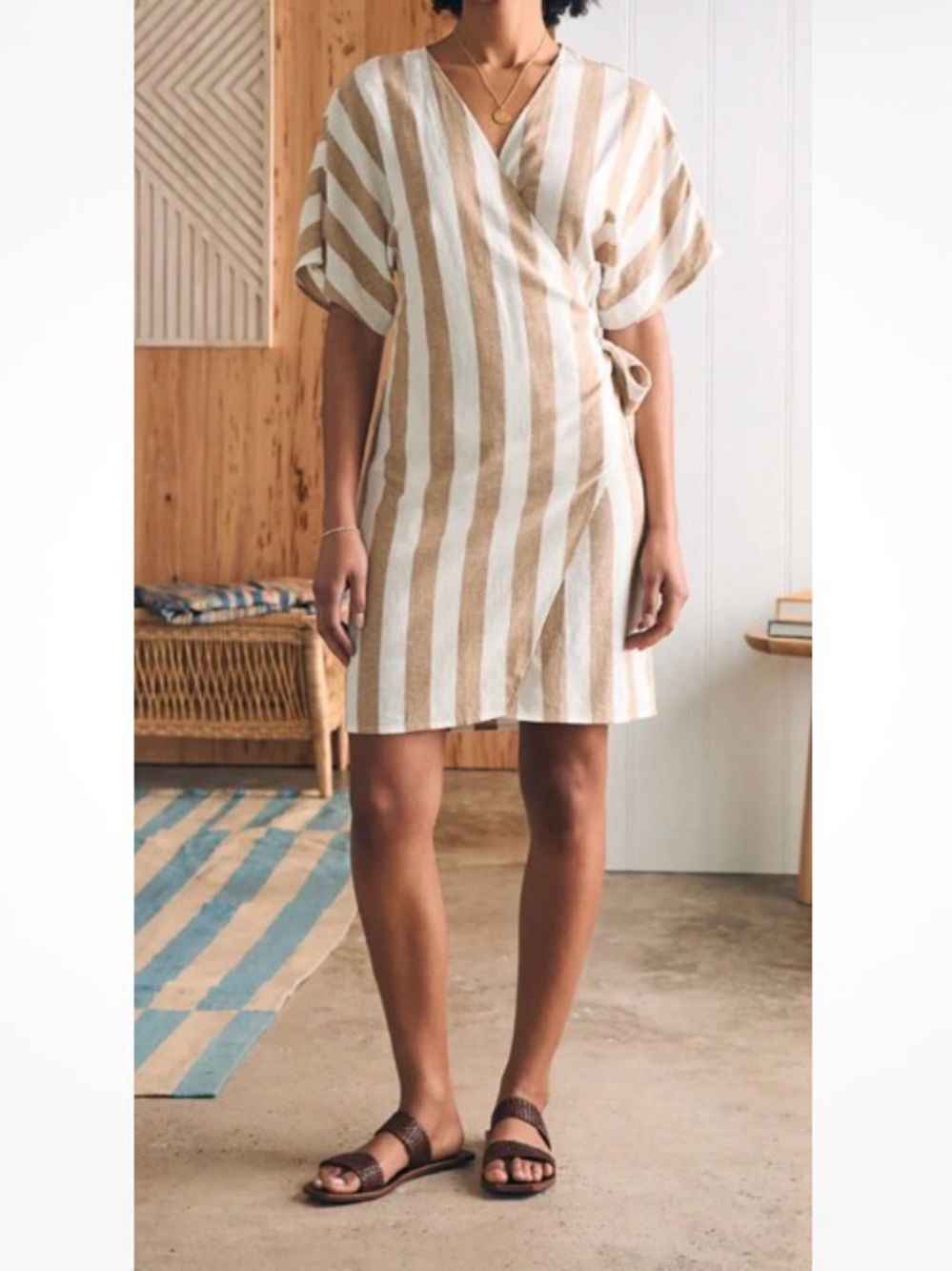 Faherty Willow Wrap Dress Linen Blend in Bronze & White stripe Size Large